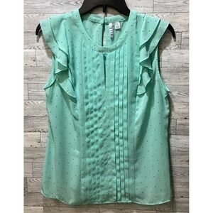 ELLE Women's (Size S) Seafoam Green Keyhole Pleated Polka Dot Lightweight Blouse